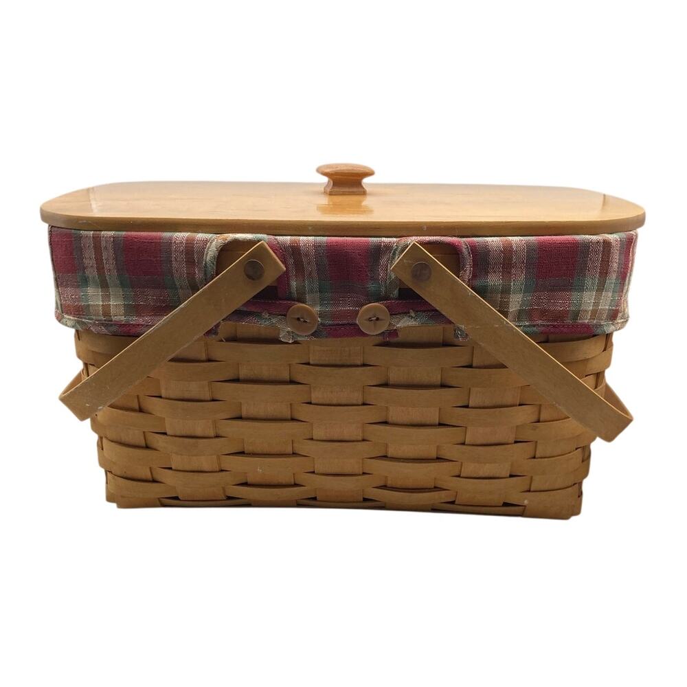 VTG Longaberger 2001 Large Market Basket Plaid Cloth Liner/Plastic Protector/Lid